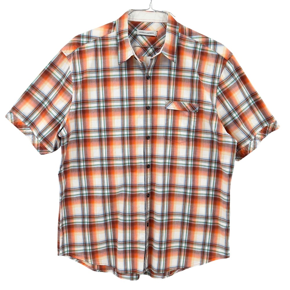 James Campbell Mens Button Down Shirt Orange Plaid Short Sleeve Cotton XL